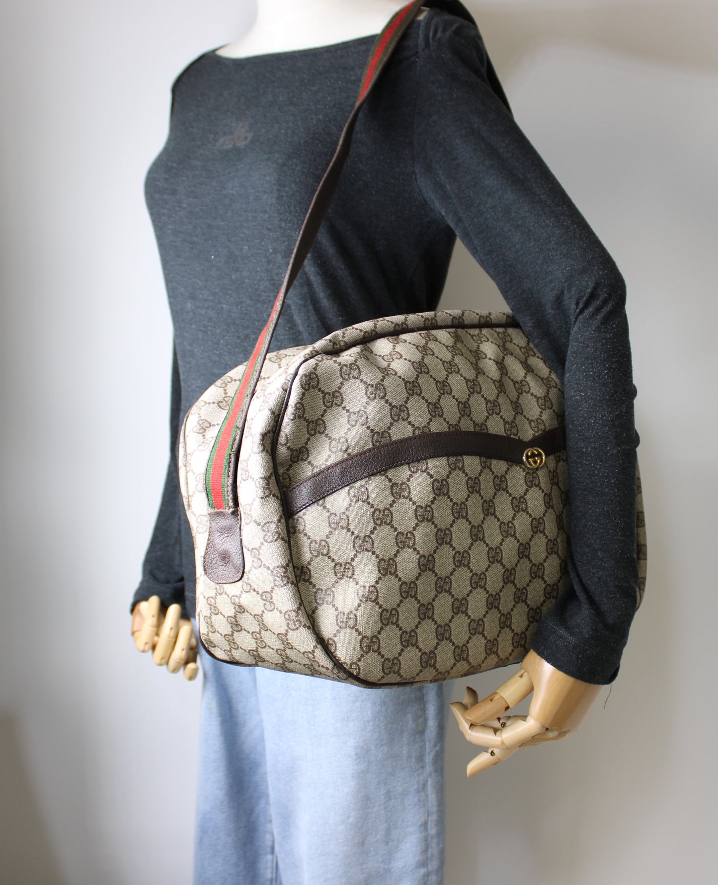 Gucci GG Canvas Brown Leather Trim Travel Duffel Bag