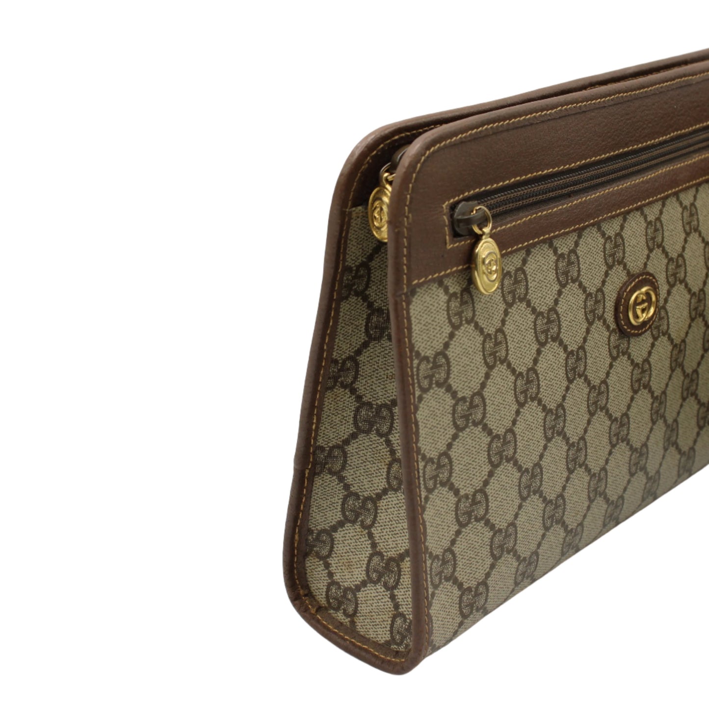 Gucci GG Brown Monogram Canvas Leather Zip Clutch Bag