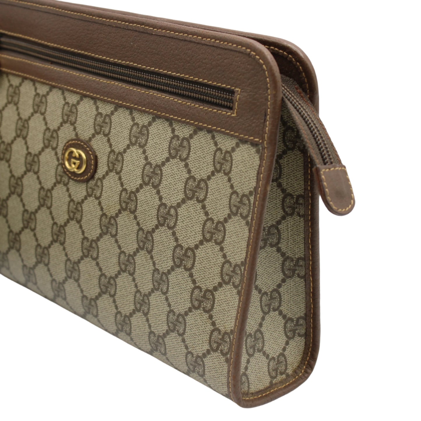 Gucci GG Brown Monogram Canvas Leather Zip Clutch Bag