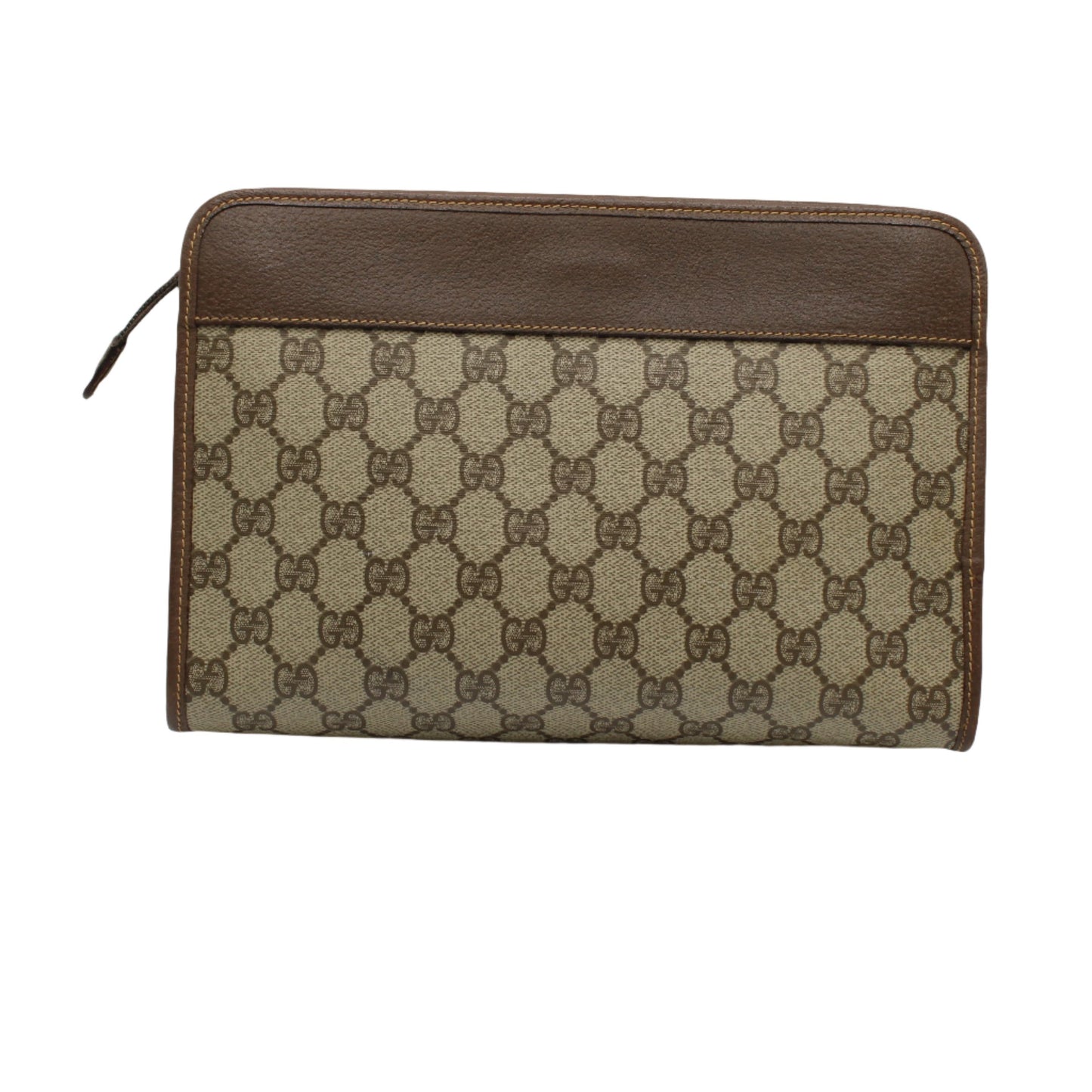 Gucci GG Brown Monogram Canvas Leather Zip Clutch Bag