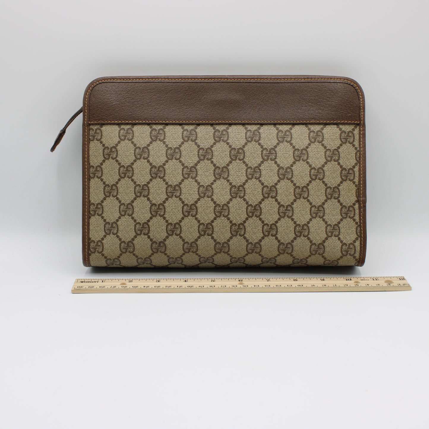 Gucci GG Brown Monogram Canvas Leather Zip Clutch Bag