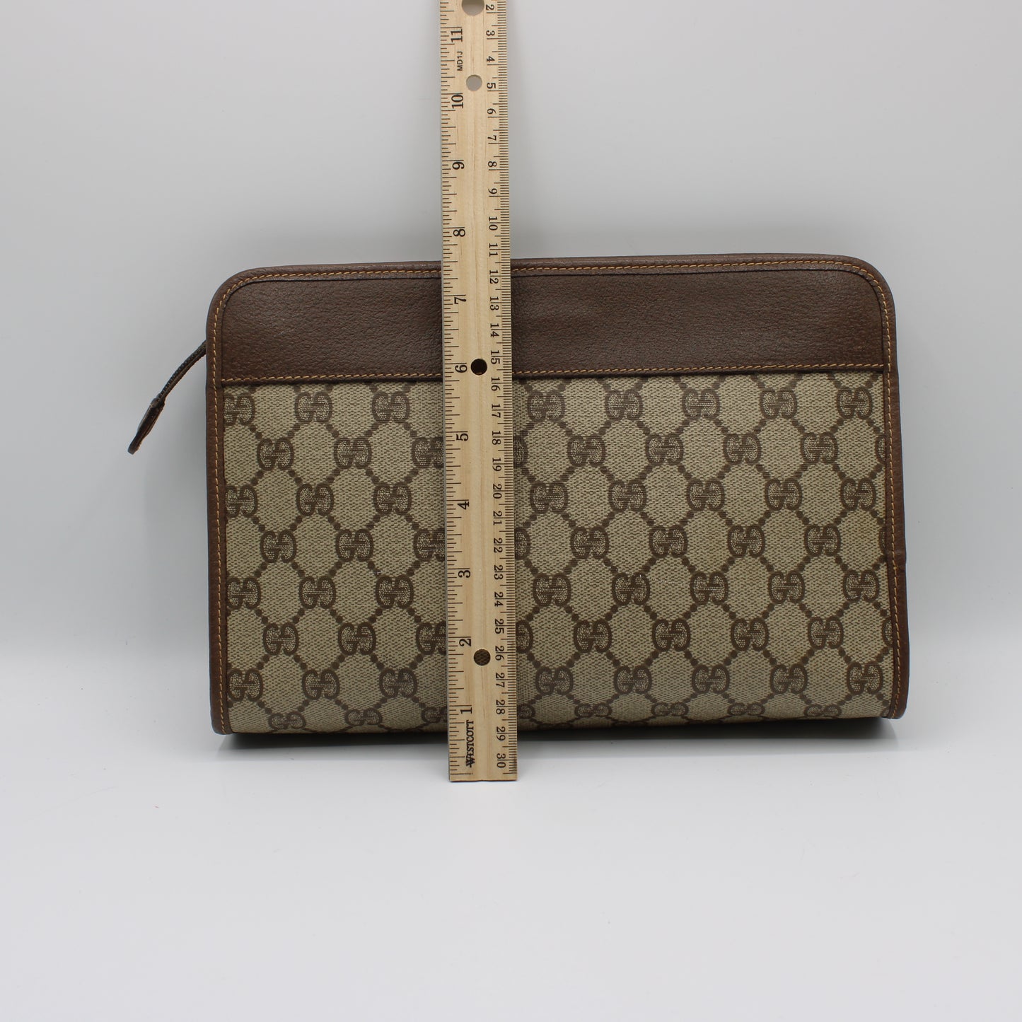 Gucci GG Brown Monogram Canvas Leather Zip Clutch Bag