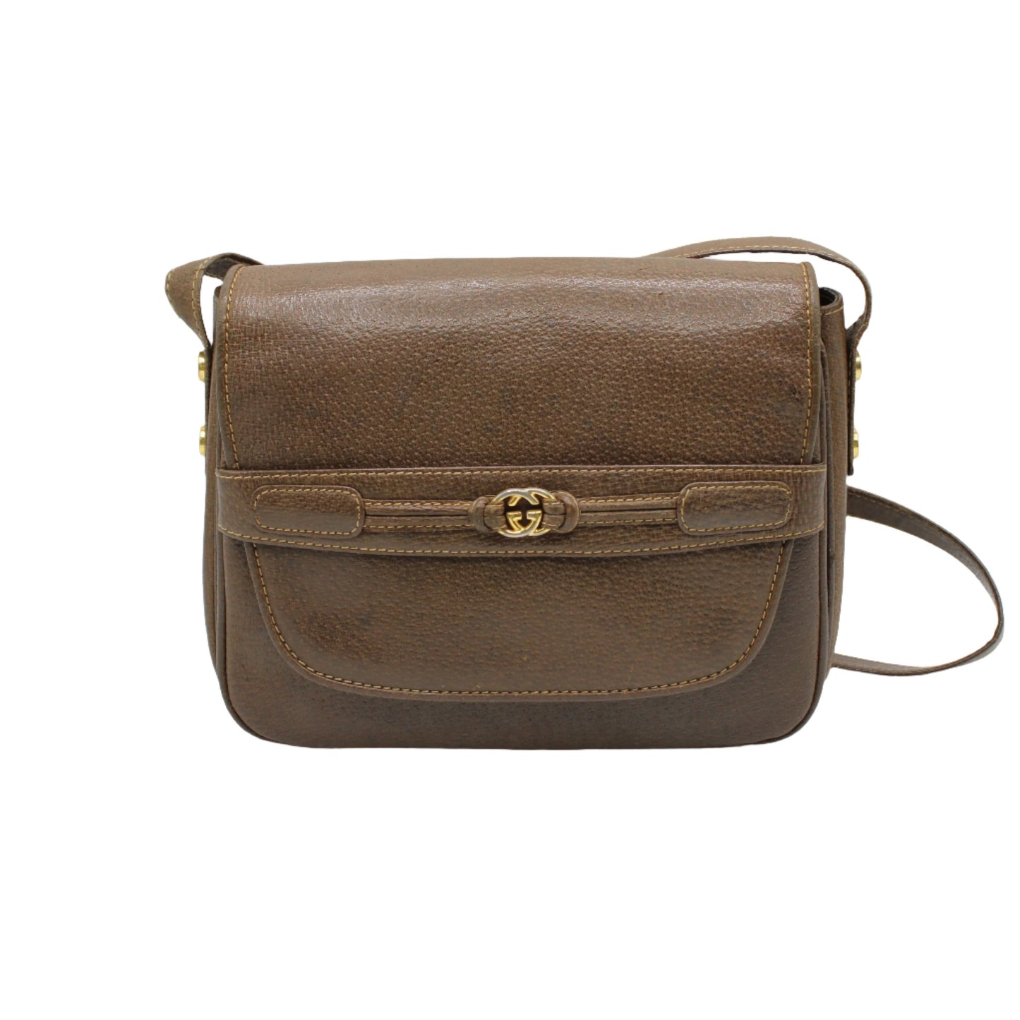 Gucci Brown Leather Shoulder Bag with Metal Logo on Flap