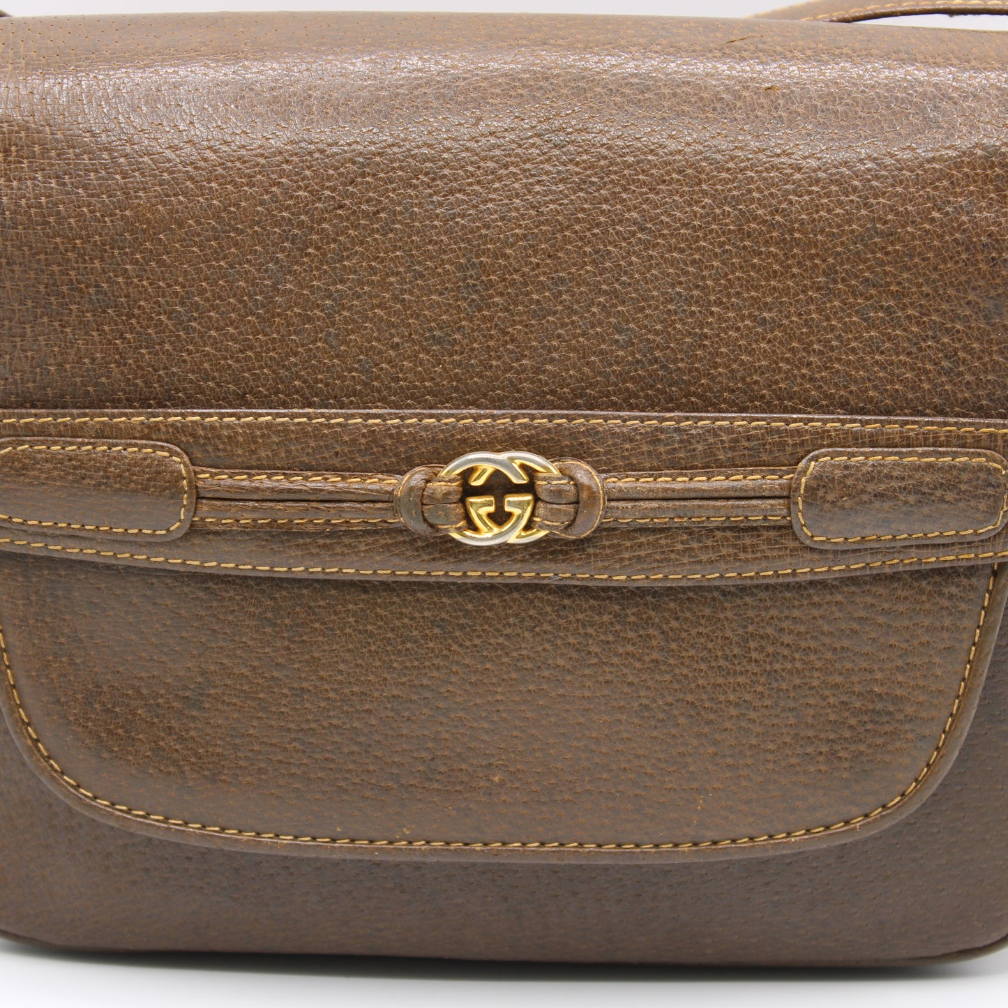 Gucci Brown Leather Shoulder Bag with Metal Logo on Flap