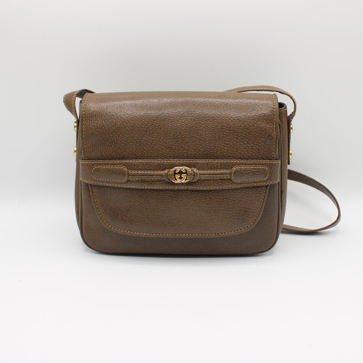 Gucci Brown Leather Shoulder Bag with Metal Logo on Flap