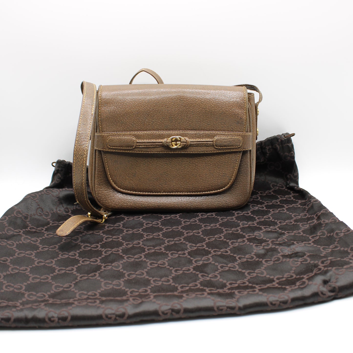 Gucci Brown Leather Shoulder Bag with Metal Logo on Flap