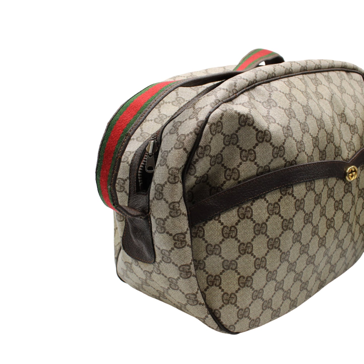 Gucci GG Canvas Brown Leather Trim Travel Duffel Bag