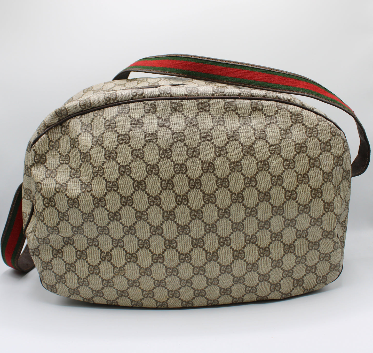 Gucci GG Canvas Brown Leather Trim Travel Duffel Bag