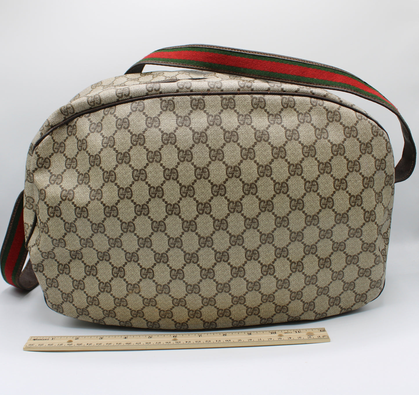 Gucci GG Canvas Brown Leather Trim Travel Duffel Bag