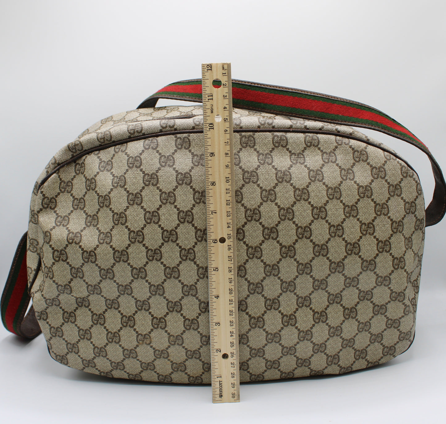 Gucci GG Canvas Brown Leather Trim Travel Duffel Bag