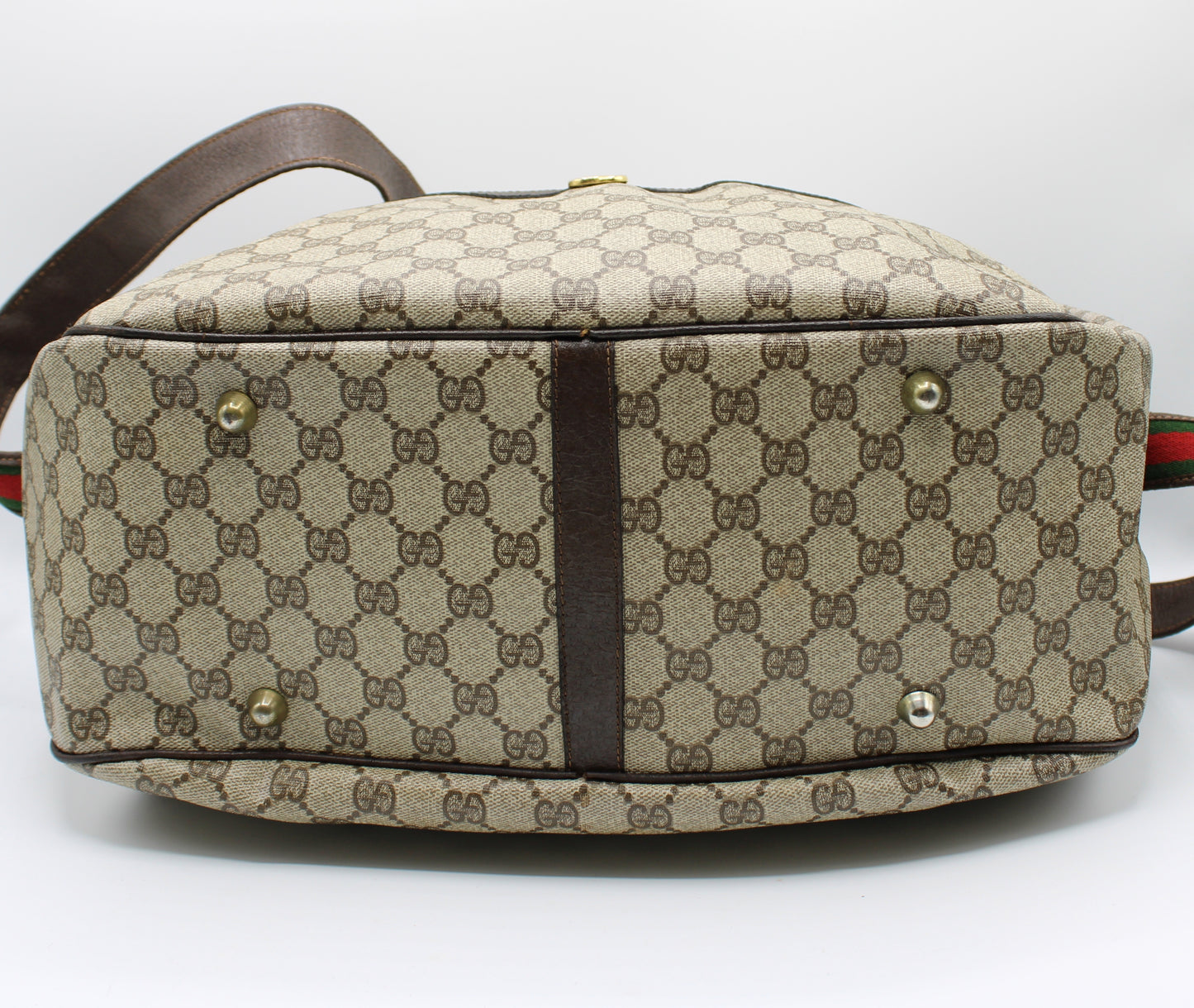 Gucci GG Canvas Brown Leather Trim Travel Duffel Bag