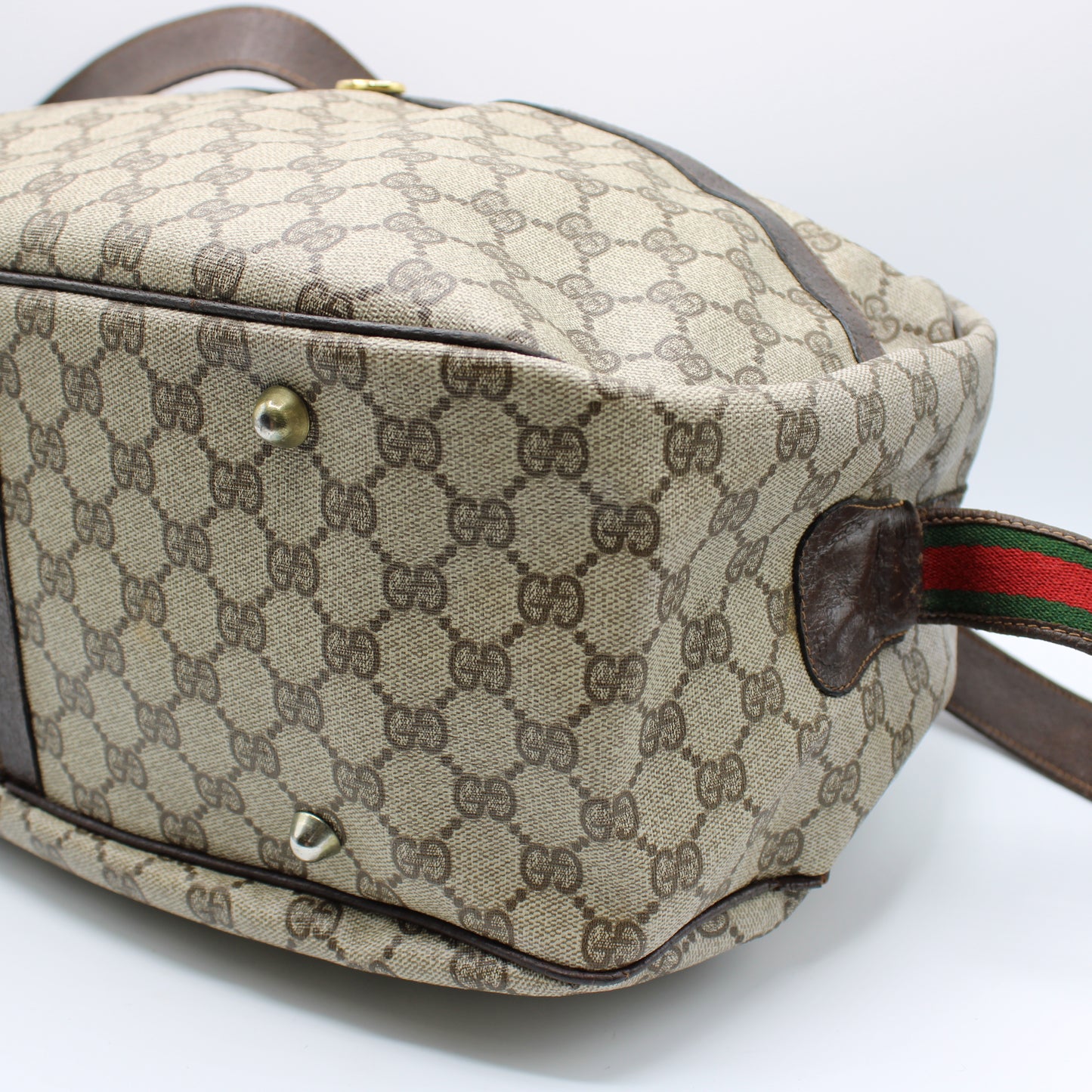 Gucci GG Canvas Brown Leather Trim Travel Duffel Bag