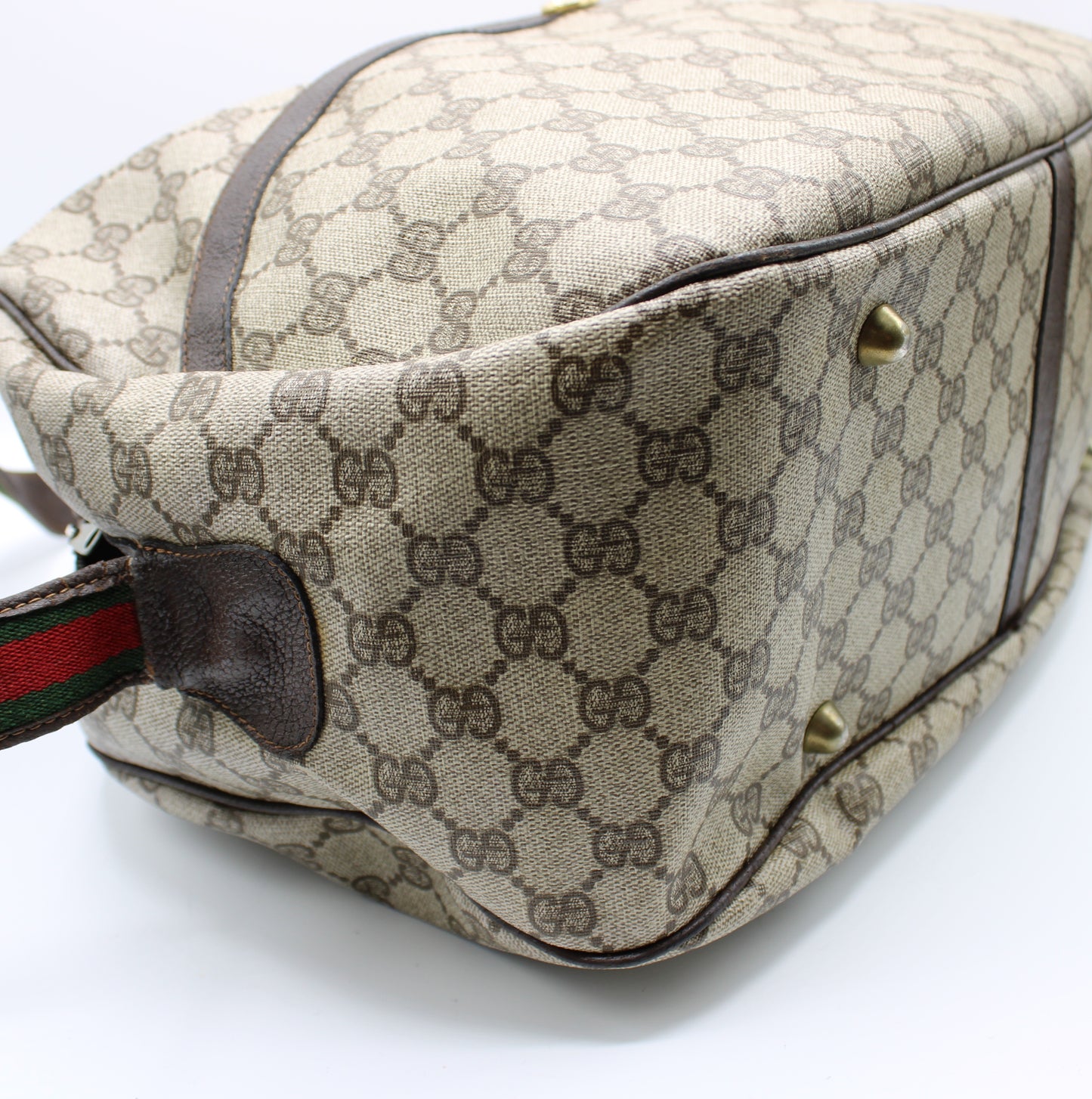 Gucci GG Canvas Brown Leather Trim Travel Duffel Bag