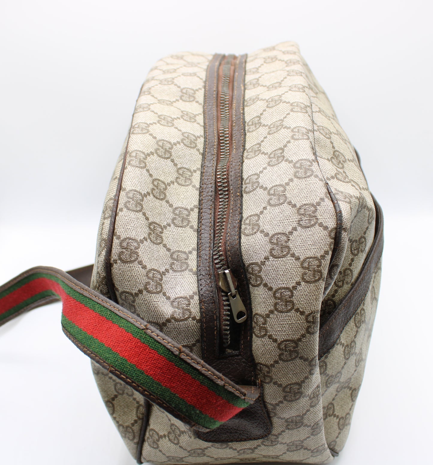 Gucci GG Canvas Brown Leather Trim Travel Duffel Bag