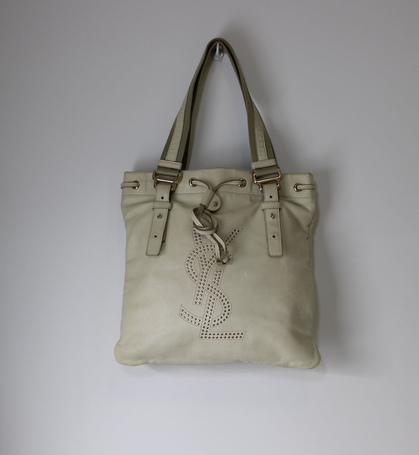 Yves Saint Laurent Off-White Leather Studded Kahala Tote Bag