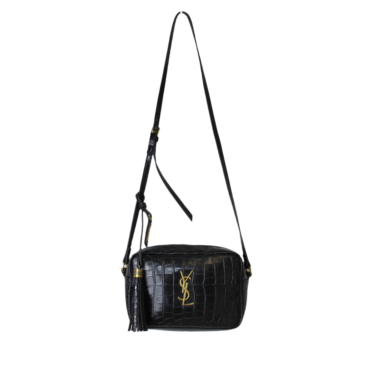 Saint Laurent Black Croc Embossed Matelassé Lou Camera Bag