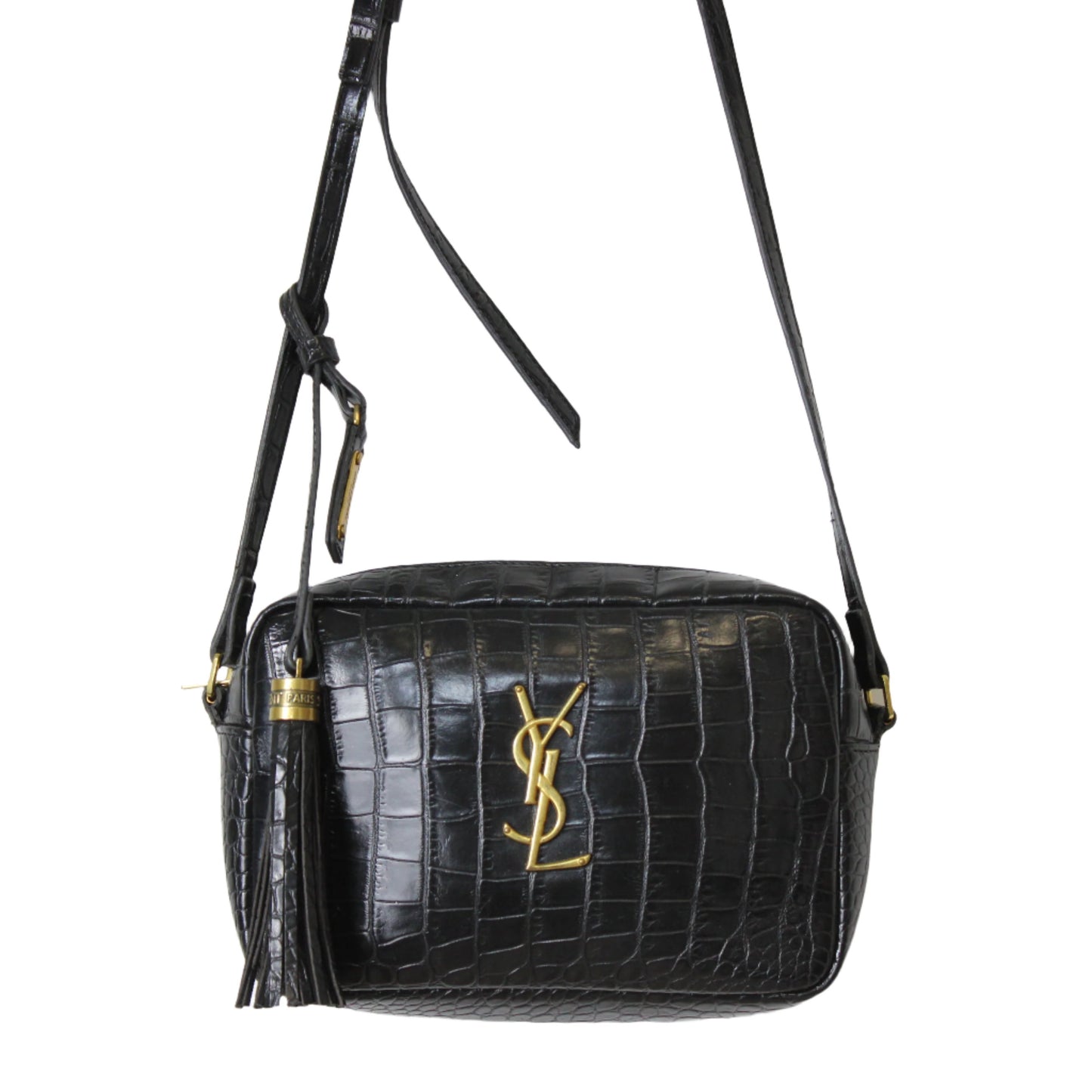 Saint Laurent Black Croc Embossed Matelassé Lou Camera Bag