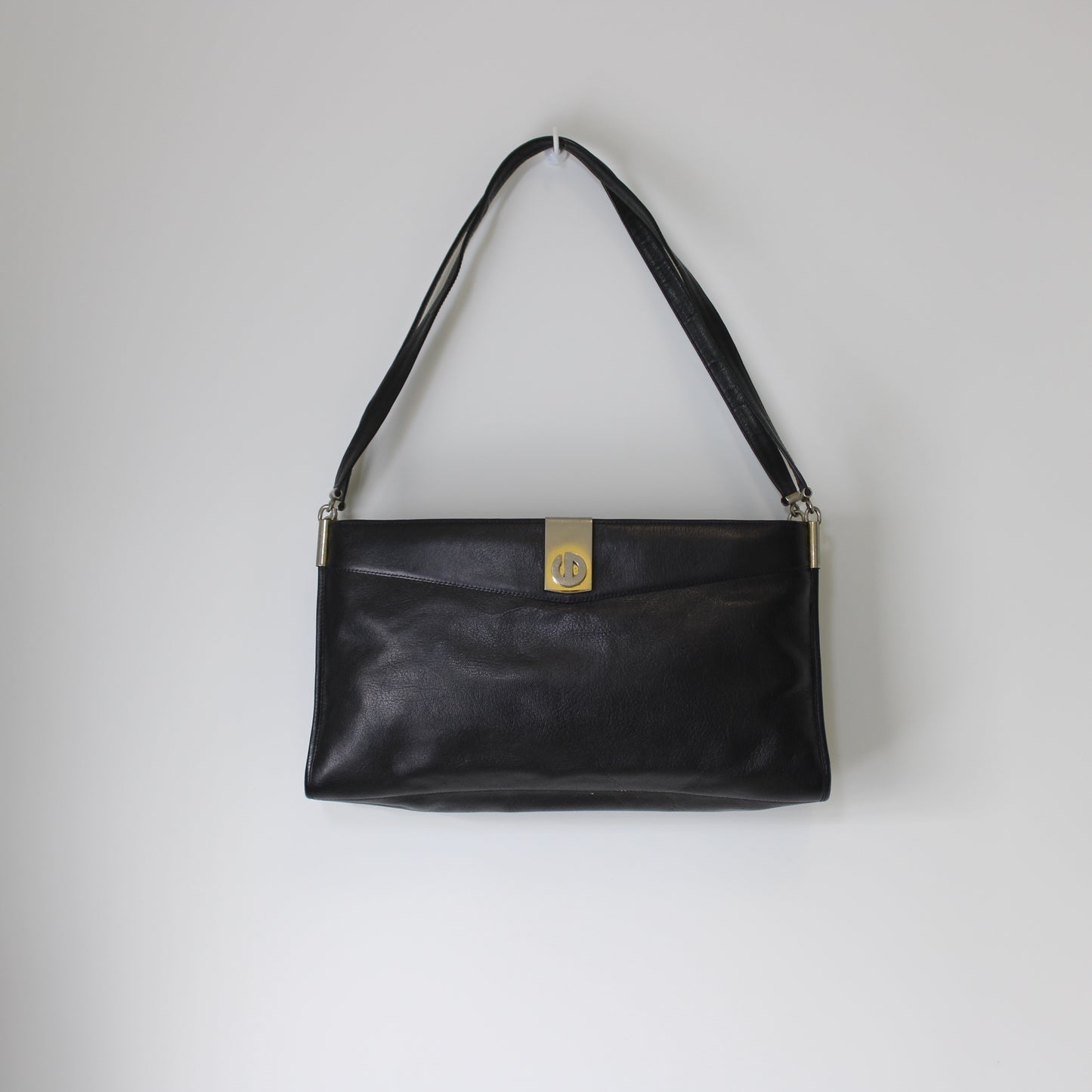 Christian Dior Black Leather Shoulder Bag with Gold-Tone Logo