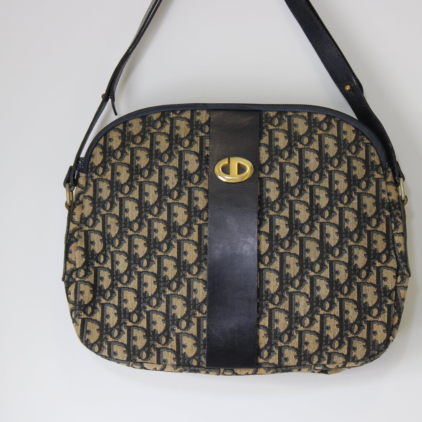 Christian Dior Navy Monogram Canvas Leather Shoulder Bag