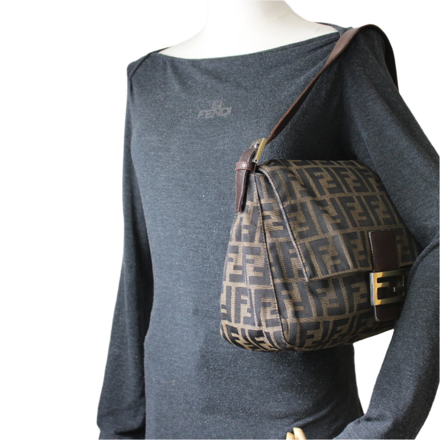 Fendi Brown Canvas Leather Zucca Mama Forever Baguette Hobo Bag