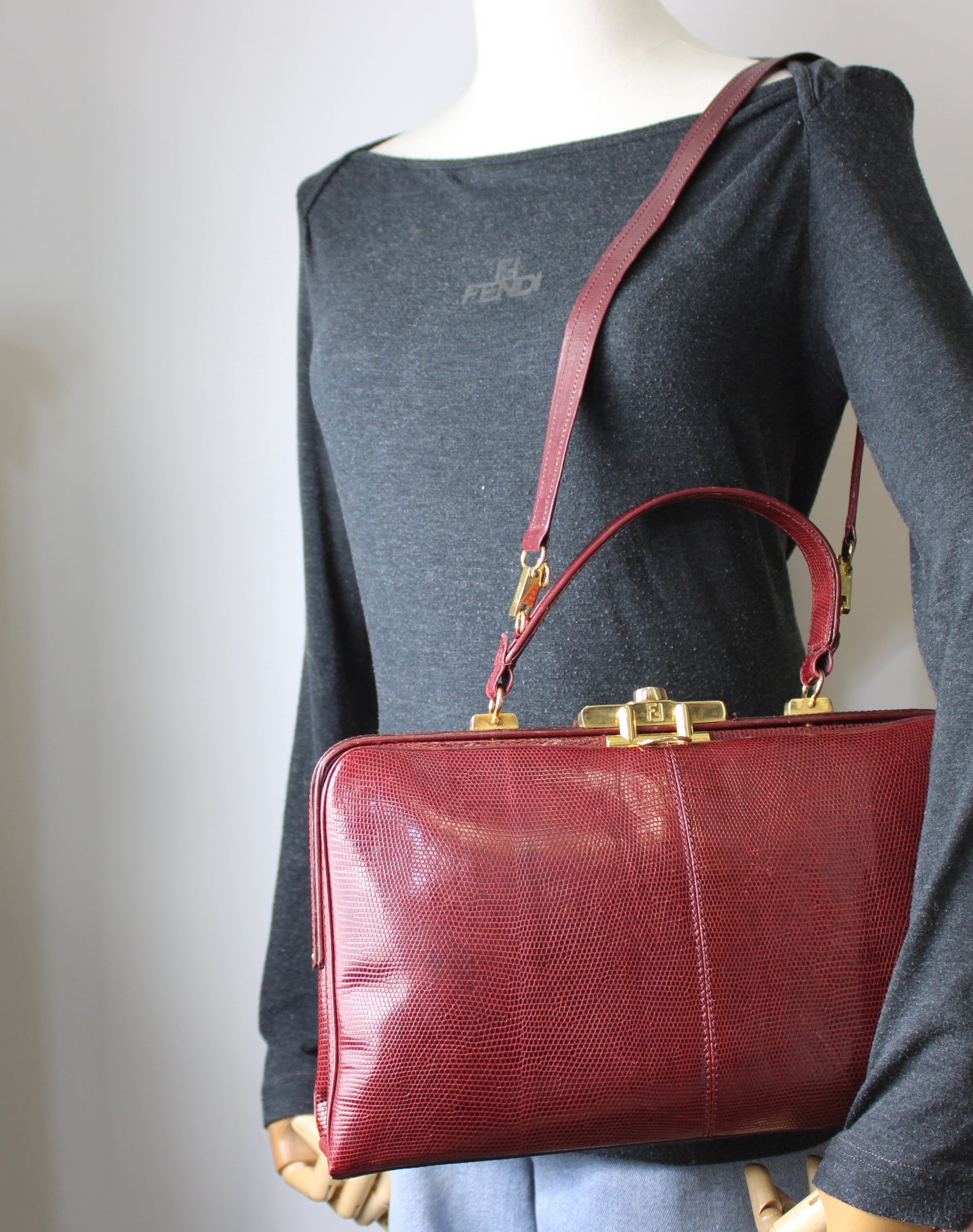 Fendi Burgundy Lizard Leather 1950 Top Handle and Shoulder Bag