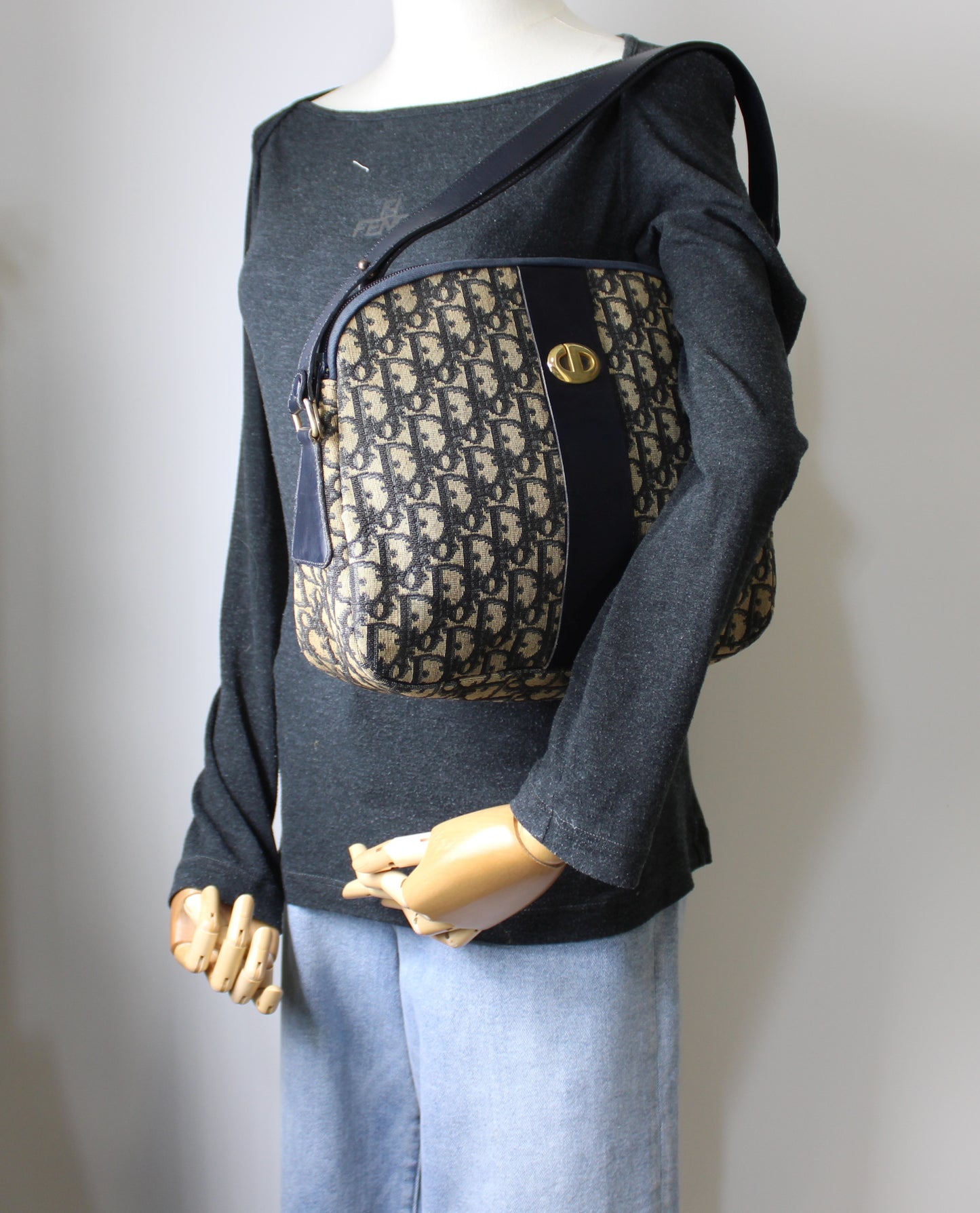 Christian Dior Navy Monogram Canvas Leather Shoulder Bag