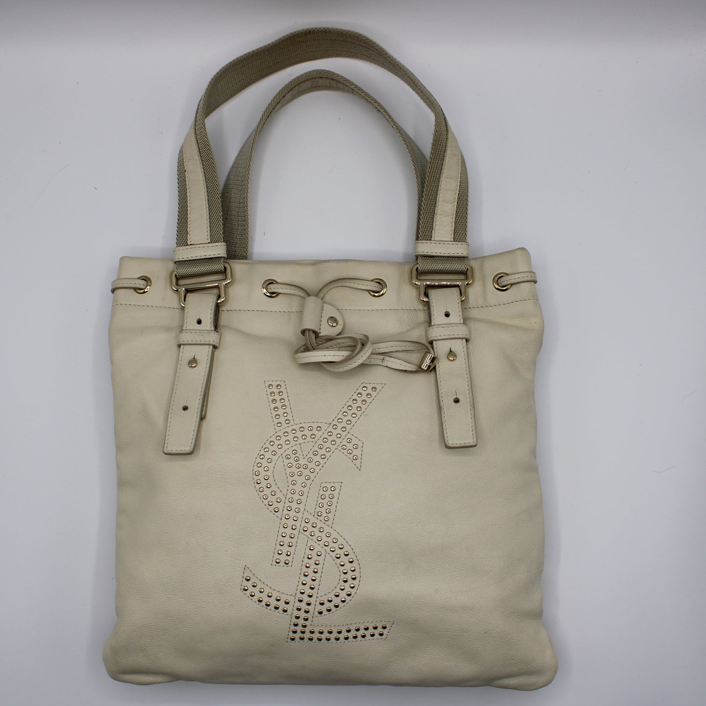 Yves Saint Laurent Off-White Leather Studded Kahala Tote Bag