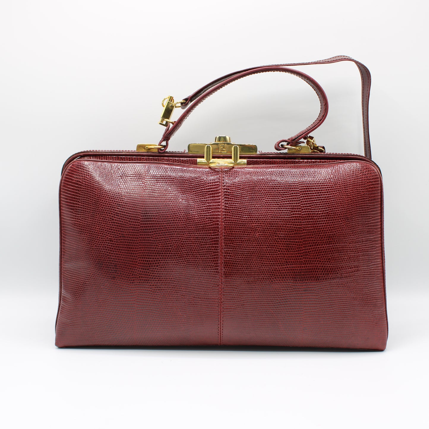 Fendi Burgundy Lizard Leather 1950 Top Handle and Shoulder Bag