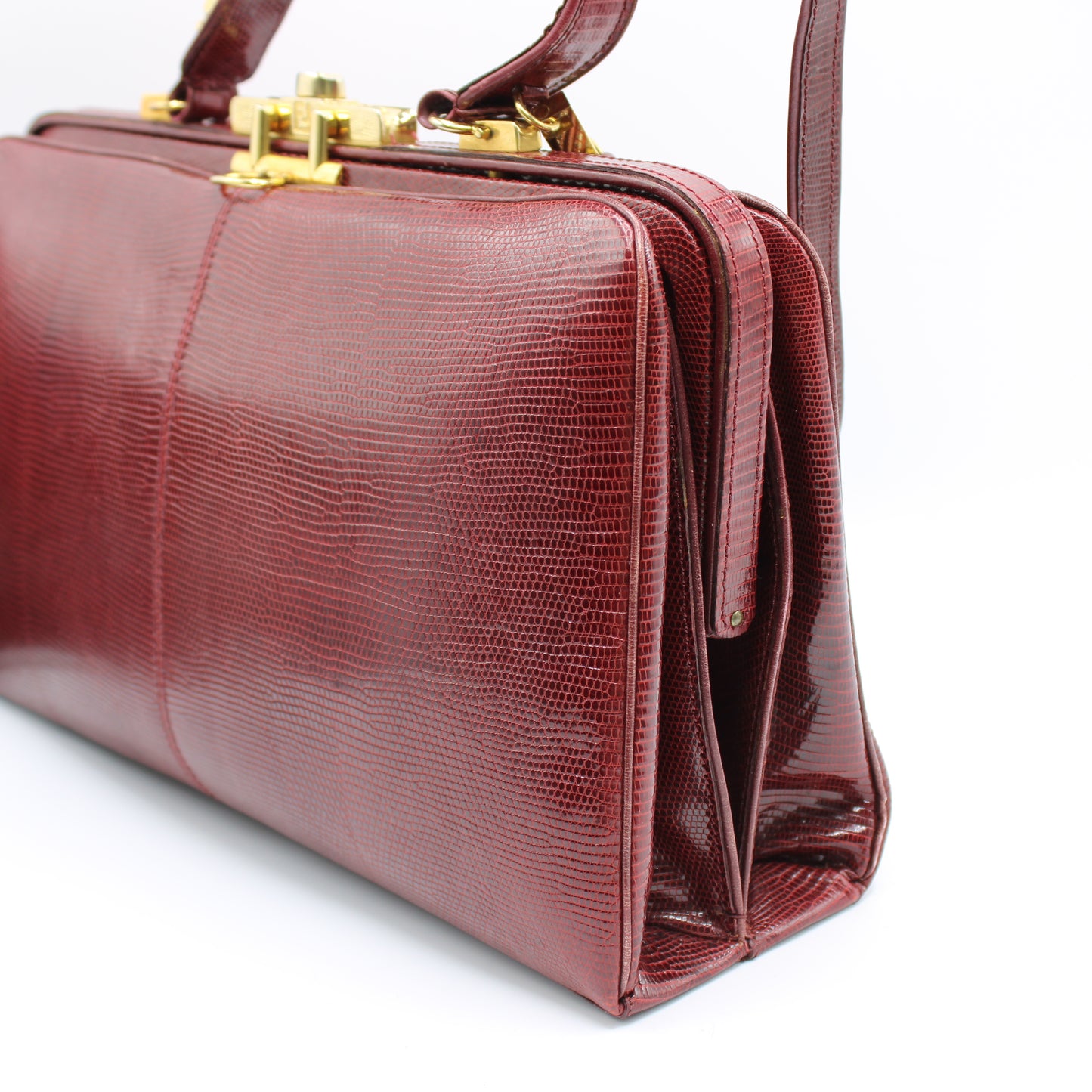 Fendi Burgundy Lizard Leather 1950 Top Handle and Shoulder Bag