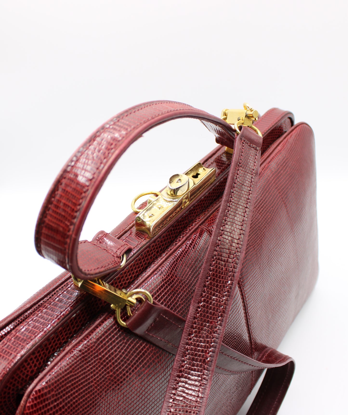 Fendi Burgundy Lizard Leather 1950 Top Handle and Shoulder Bag