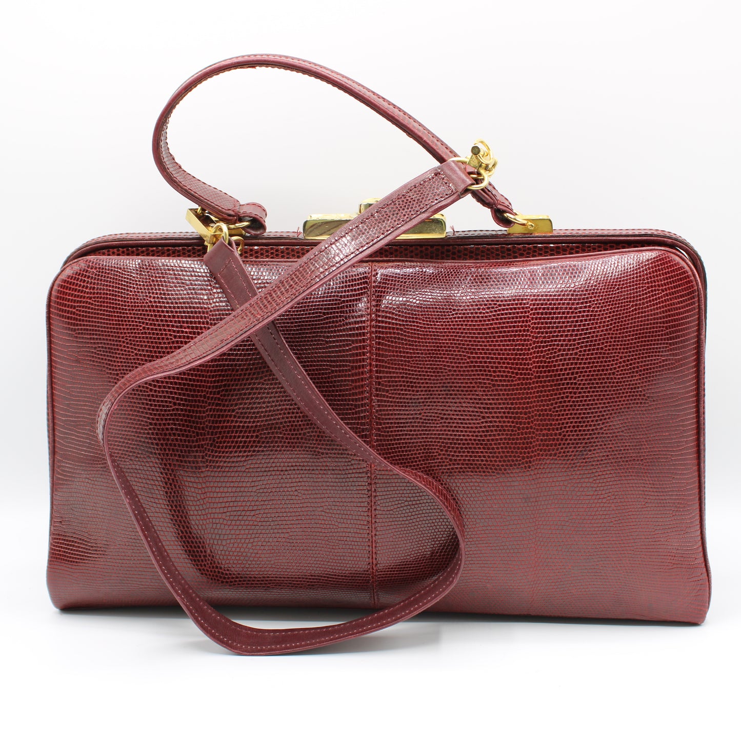 Fendi Burgundy Lizard Leather 1950 Top Handle and Shoulder Bag