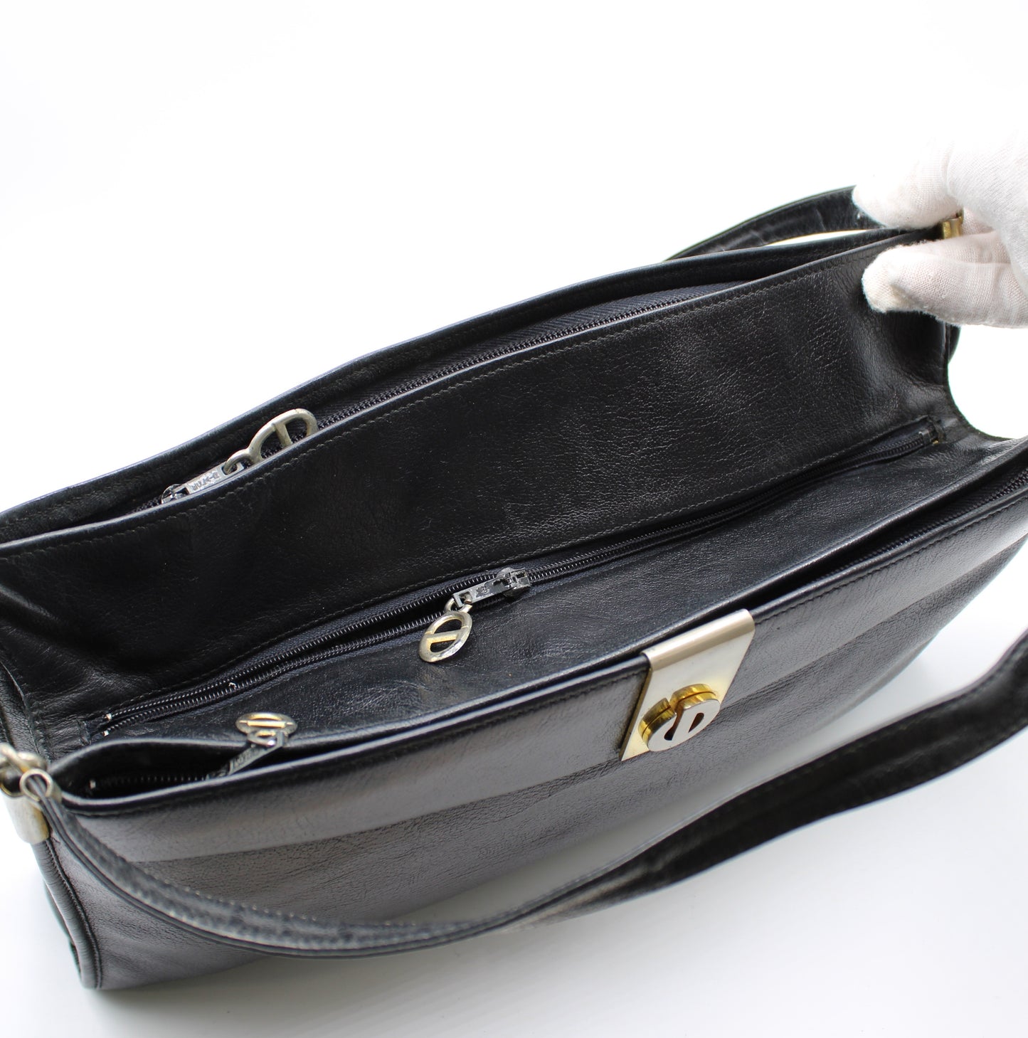 Christian Dior Black Leather Shoulder Bag with Gold-Tone Logo