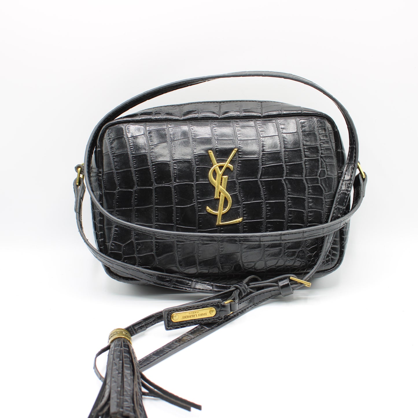 Saint Laurent Black Croc Embossed Matelassé Lou Camera Bag