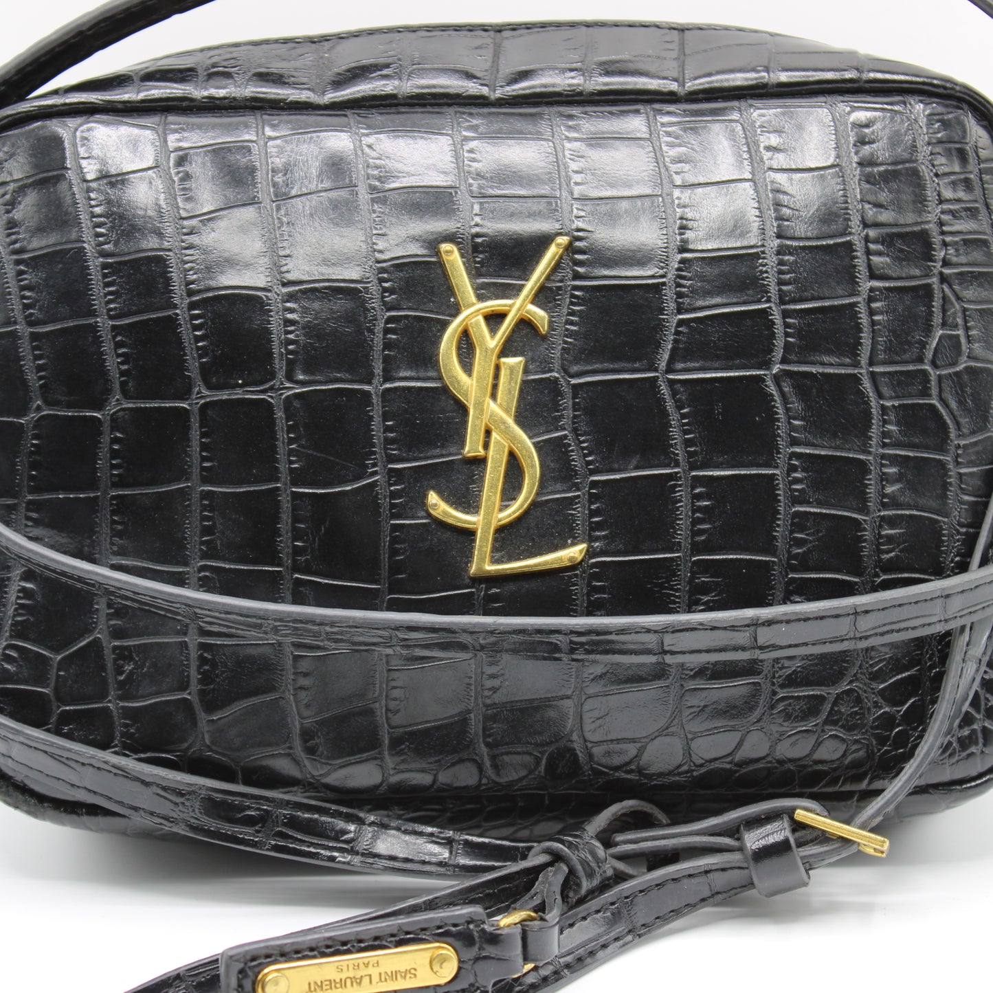 Saint Laurent Black Croc Embossed Matelassé Lou Camera Bag