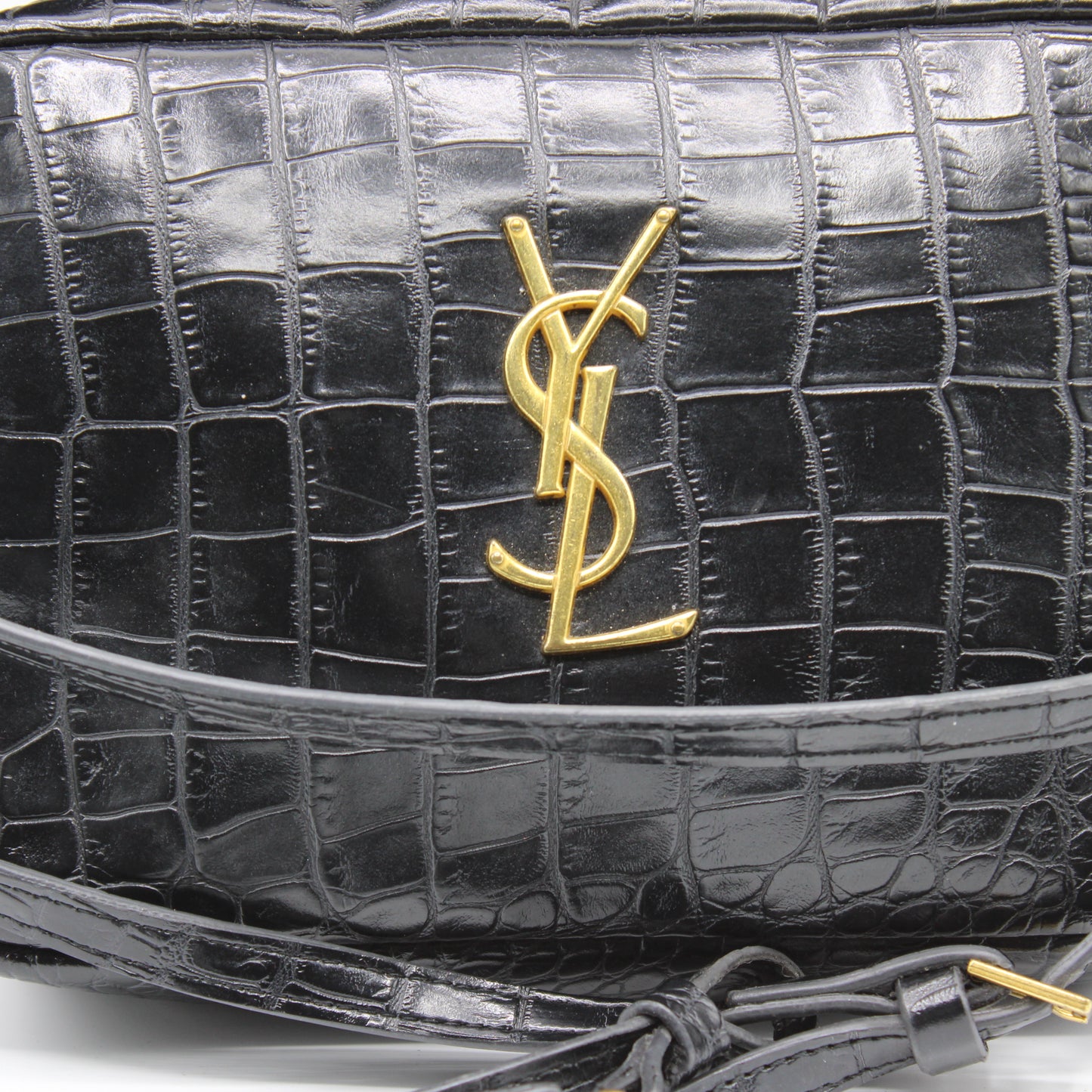 Saint Laurent Black Croc Embossed Matelassé Lou Camera Bag