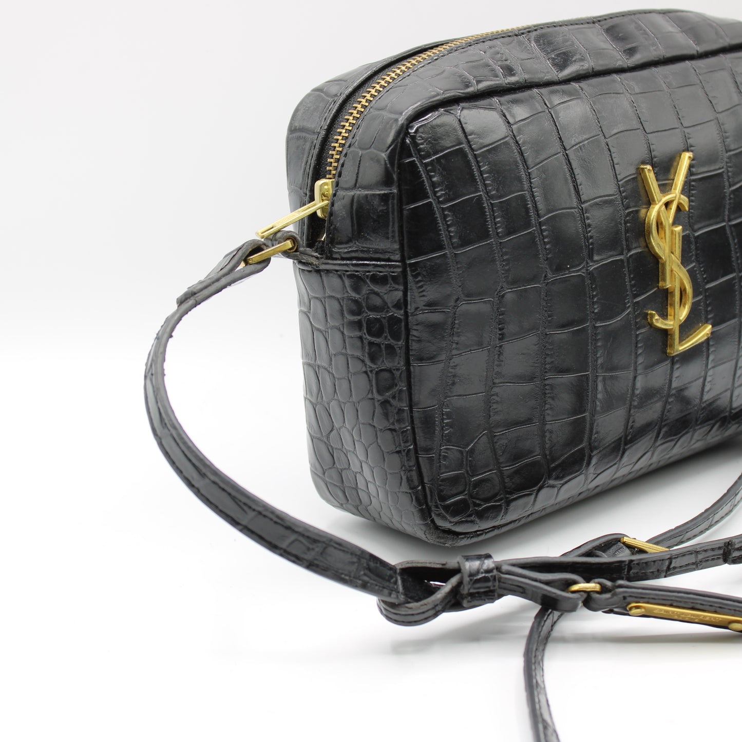 Saint Laurent Black Croc Embossed Matelassé Lou Camera Bag