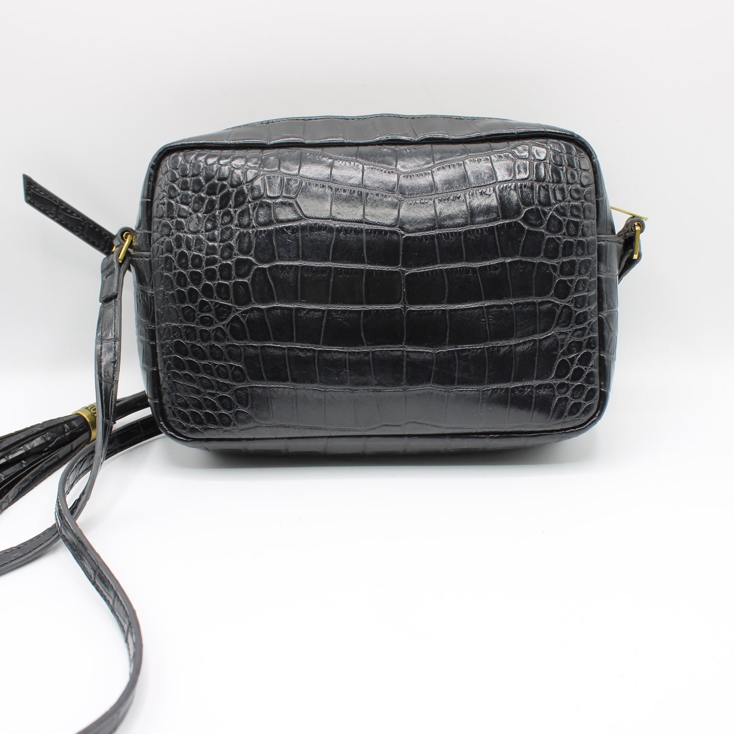 Saint Laurent Black Croc Embossed Matelassé Lou Camera Bag