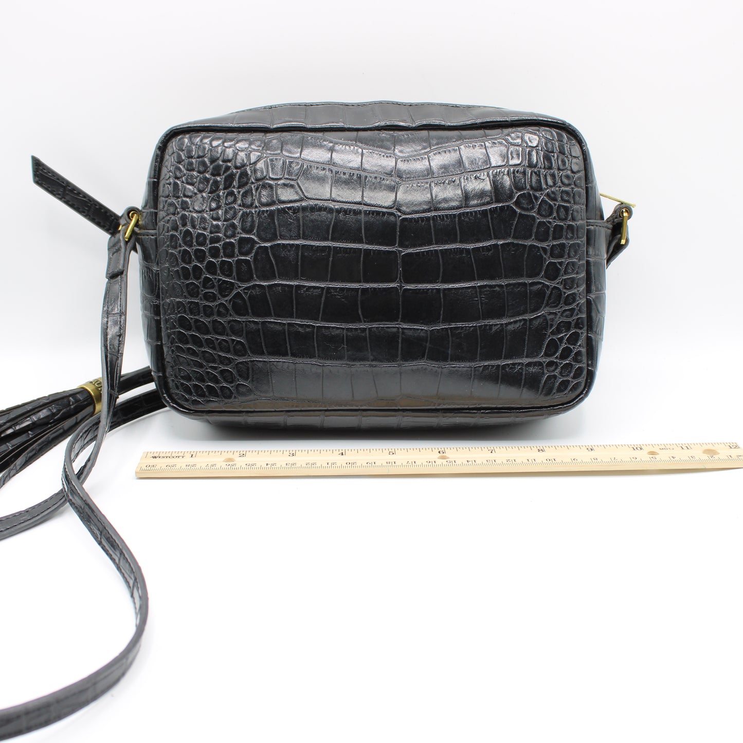 Saint Laurent Black Croc Embossed Matelassé Lou Camera Bag