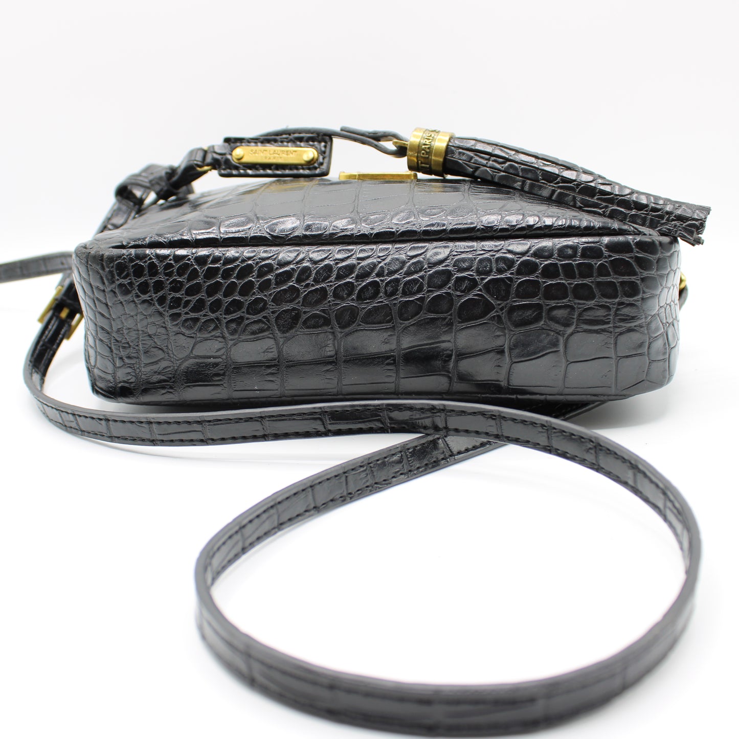 Saint Laurent Black Croc Embossed Matelassé Lou Camera Bag