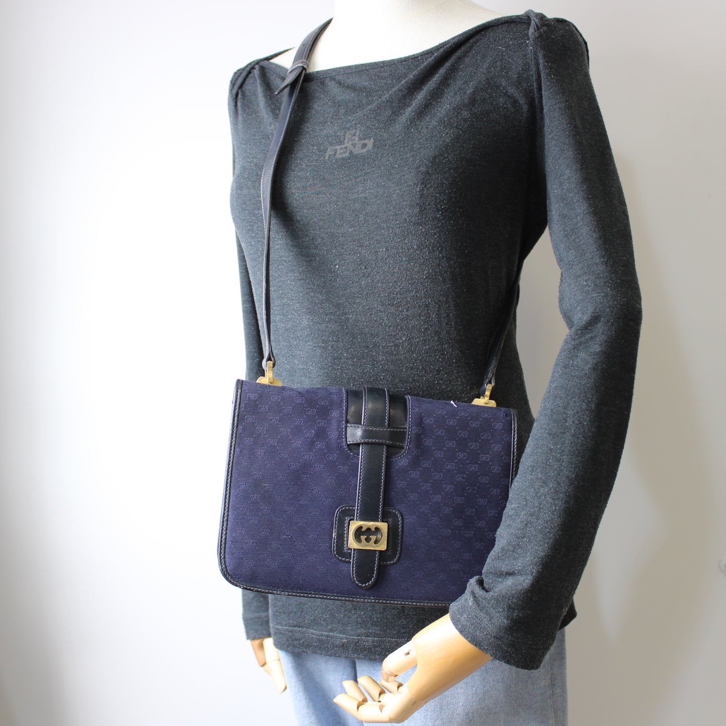 Gucci Navy GG Buckle Cloth Leather Crossbody Bag