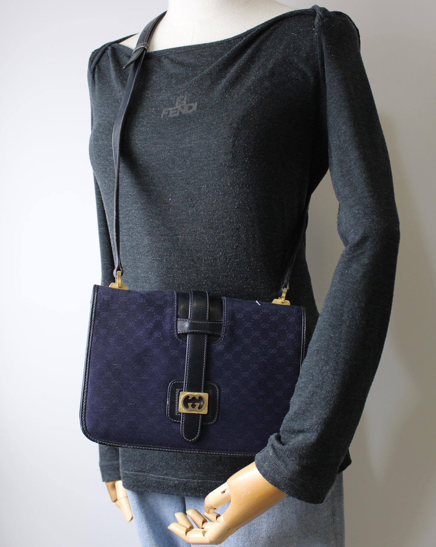 Gucci Navy GG Buckle Cloth Leather Crossbody Bag