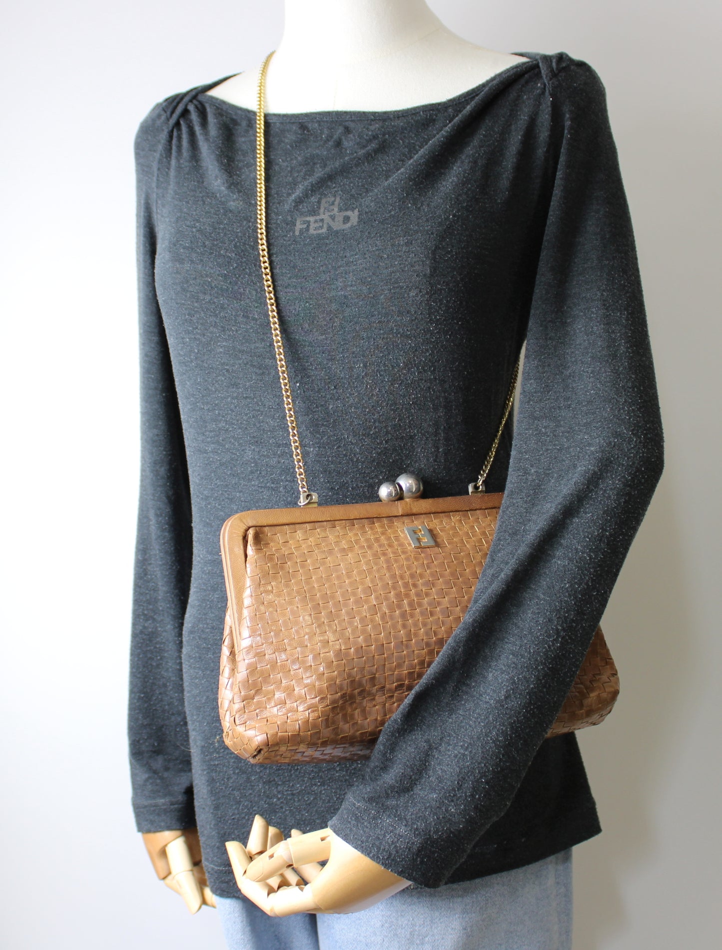 Fendi Camel Brown Woven Leather Crossbody on Chain Bag