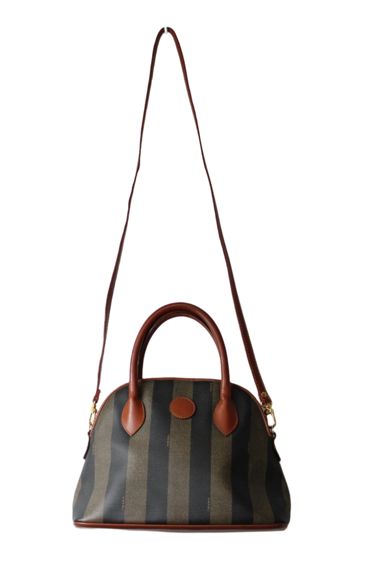 Fendi Brown Striped Pequin Canvas Dome Handbag with Leather