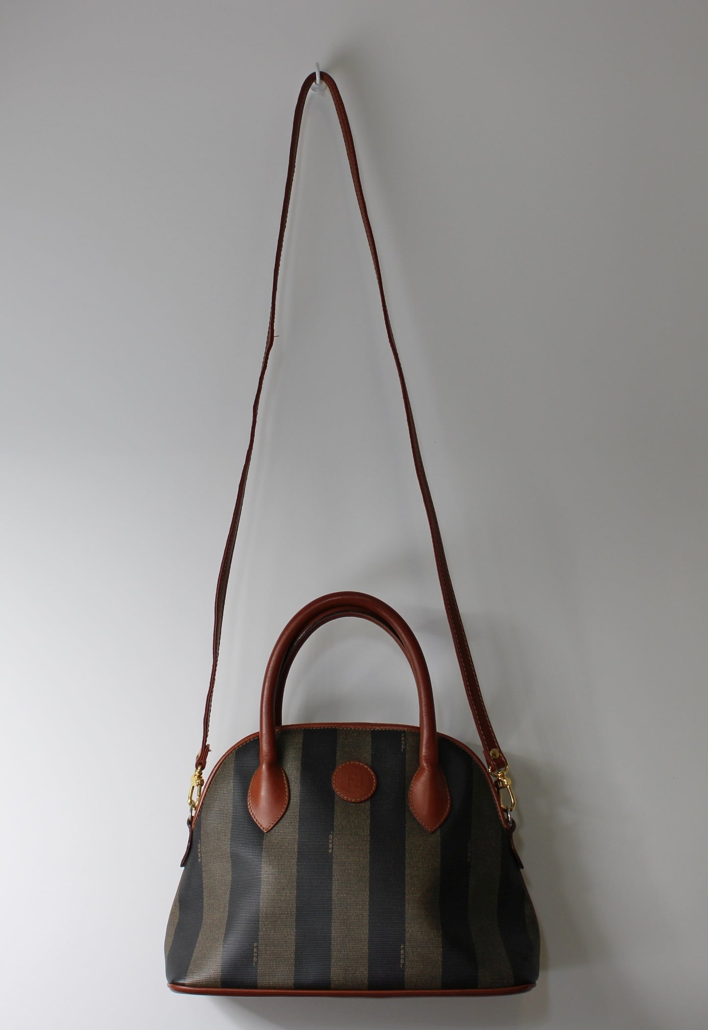 Fendi Brown Striped Pequin Canvas Dome Handbag with Leather