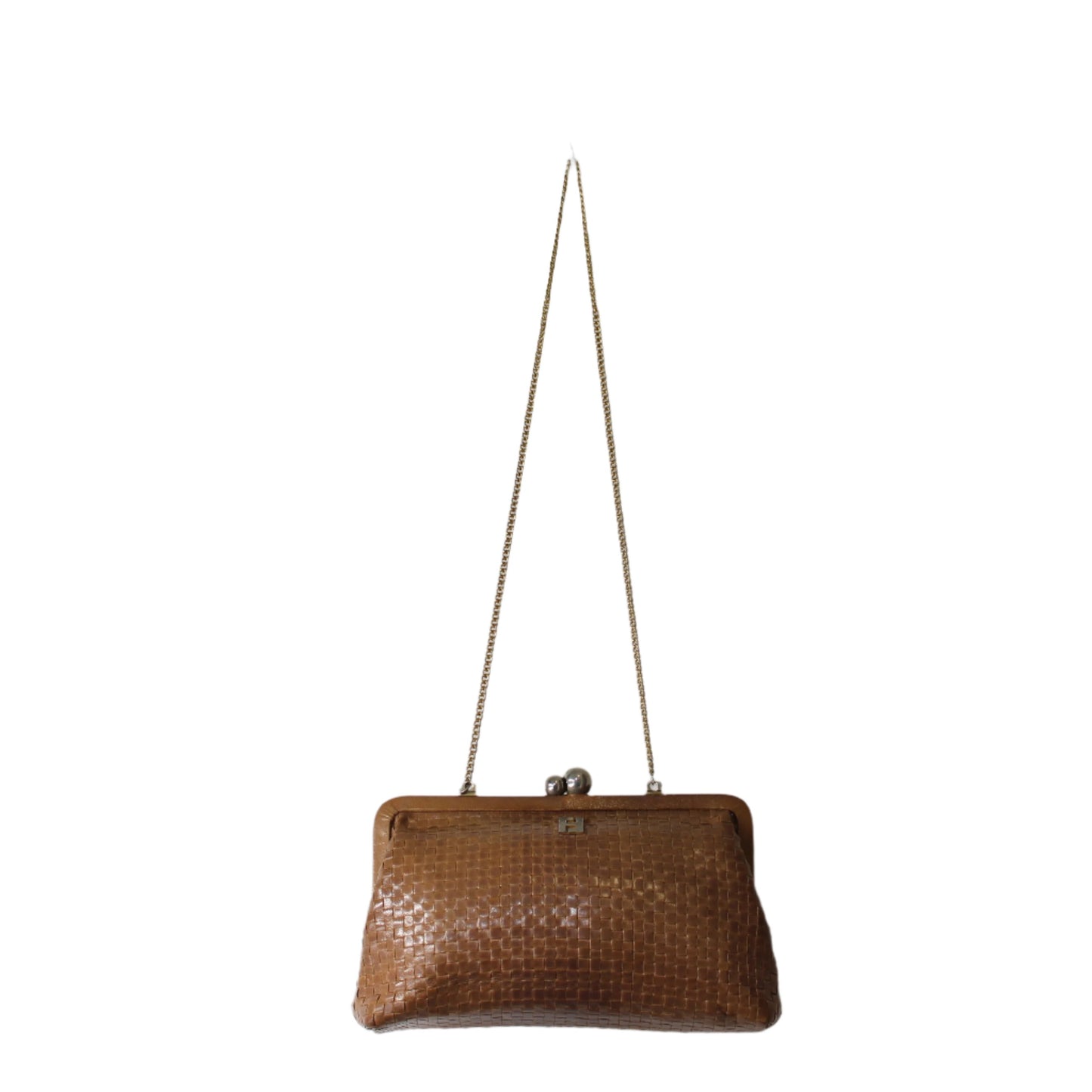 Fendi Camel Brown Woven Leather Crossbody on Chain Bag