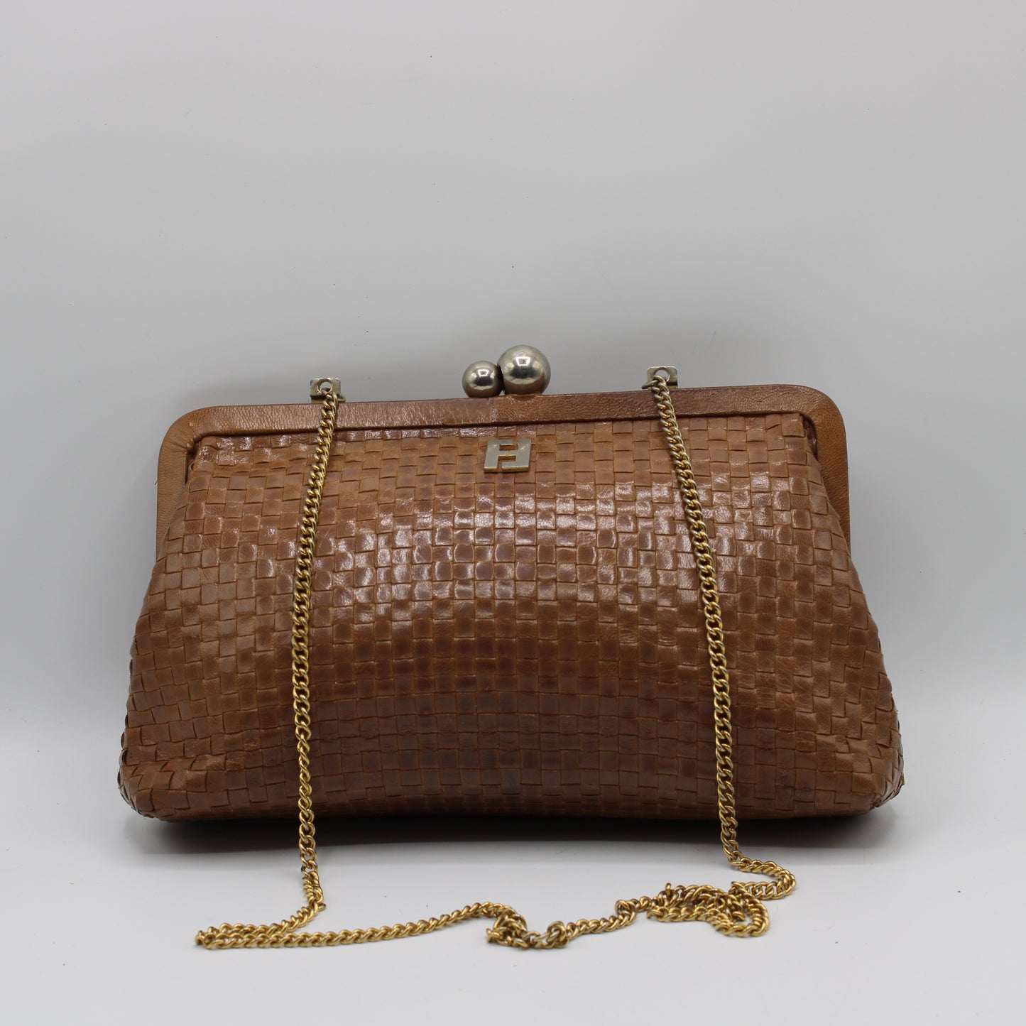 Fendi Camel Brown Woven Leather Crossbody on Chain Bag