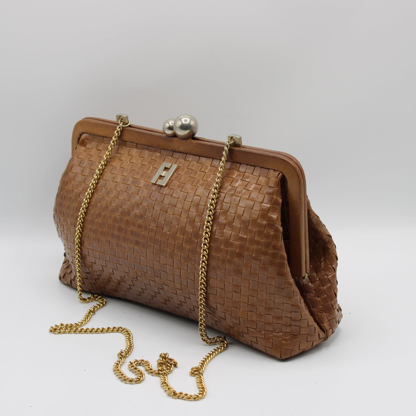 Fendi Camel Brown Woven Leather Crossbody on Chain Bag