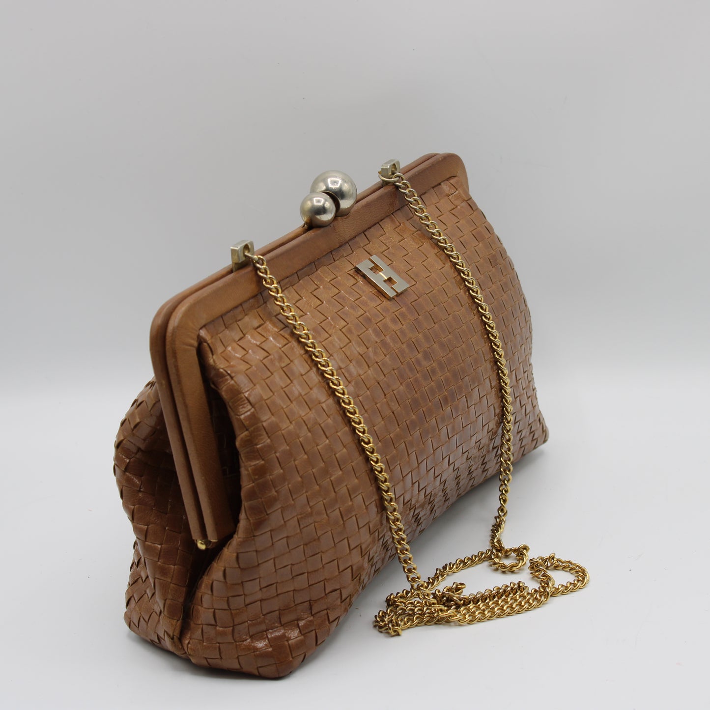 Fendi Camel Brown Woven Leather Crossbody on Chain Bag