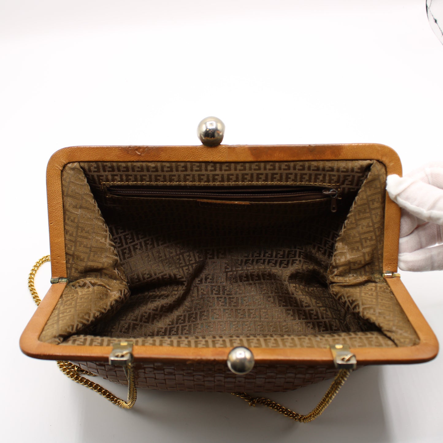 Fendi Camel Brown Woven Leather Crossbody on Chain Bag