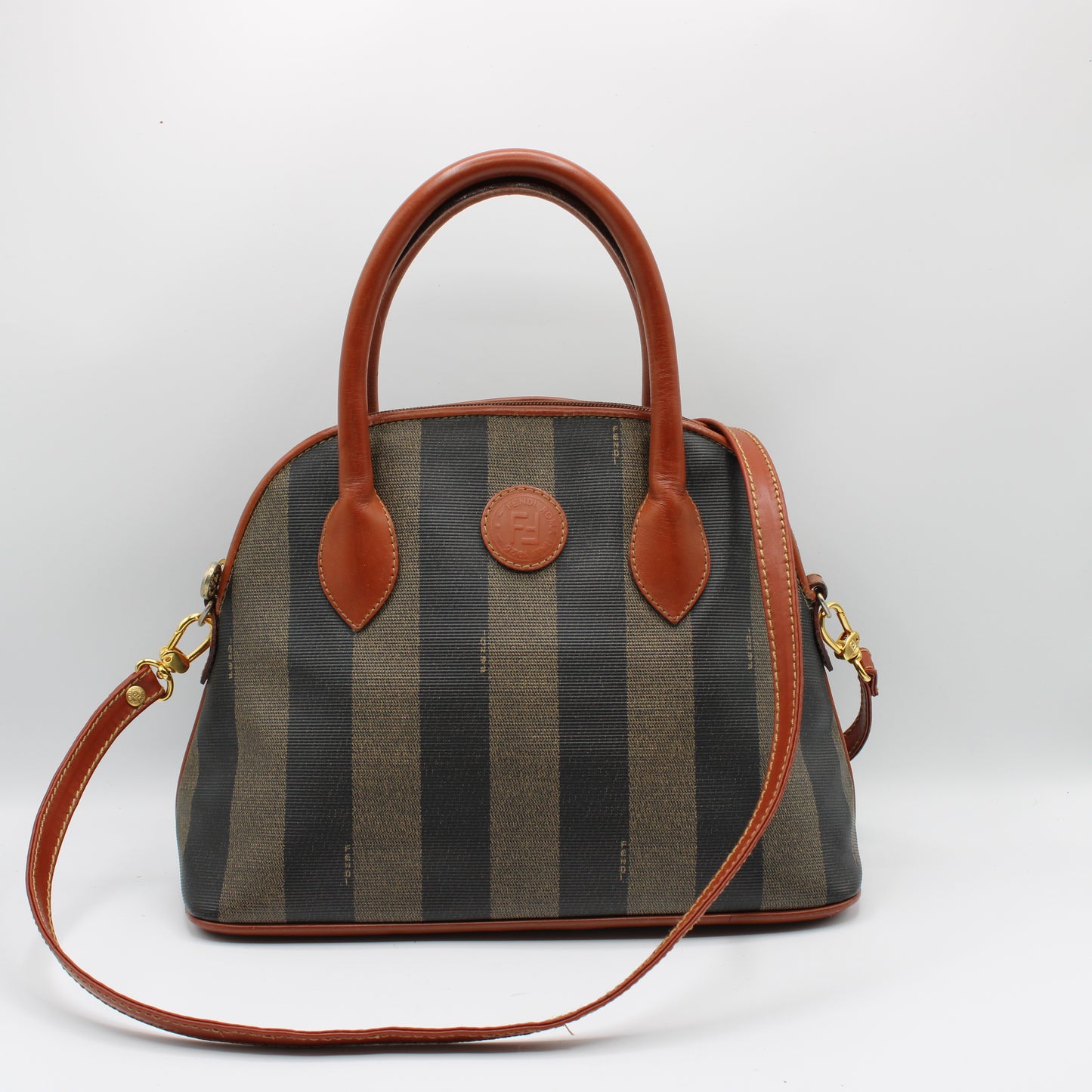 Fendi Brown Striped Pequin Canvas Dome Handbag with Leather